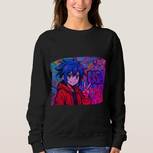 Bold Red Anime USA Graphic T-Shirt (Voorkant)