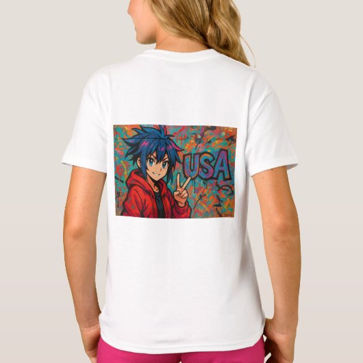 Bold Red Anime USA Graphic T-Shirt (Achterkant)