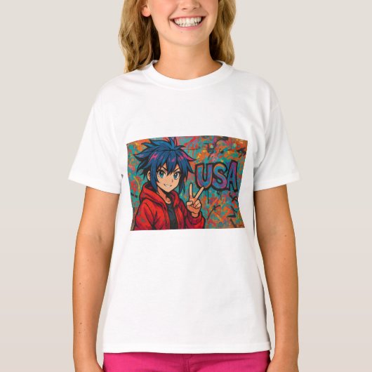 Bold Red Anime USA Graphic T-Shirt (Voorkant)