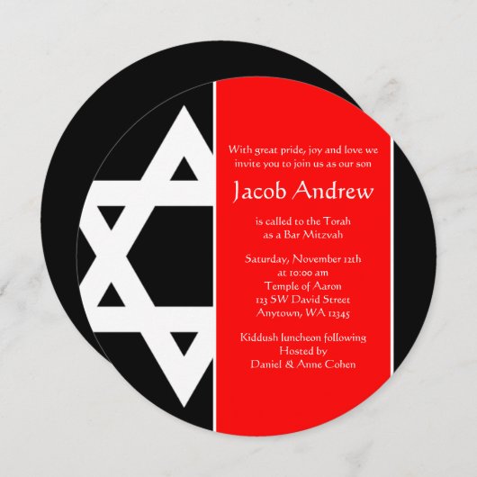 Bold Red Black Star van David Round Bar Mitzvah Kaart (Voorkant / Achterkant)