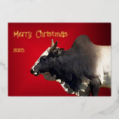 Bold Red Brahma Bull Cattle Farmer Christmas Folie Feestdagenkaart (Voorkant)
