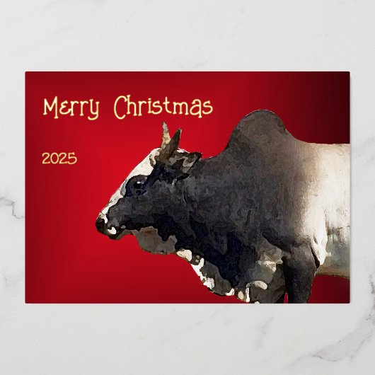 Bold Red Brahma Bull Cattle Farmer Christmas Folie Feestdagenkaart (Voorkant)