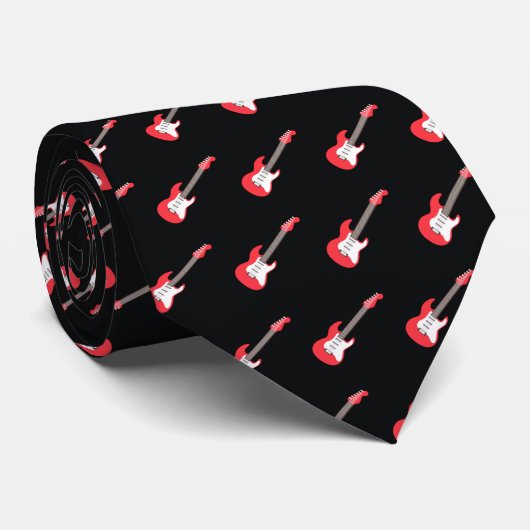 Bold Red Electric Guitar Black Rock Music Pattern Stropdas (Opgerold)