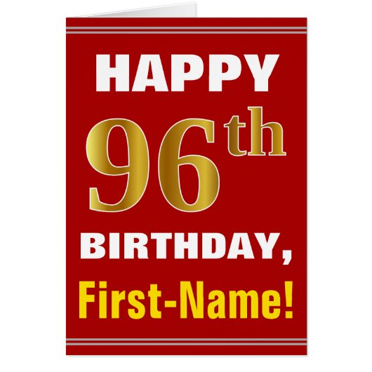 Bold, Red, Faux Gold 96th Birthday w/Name Card (Voorkant)