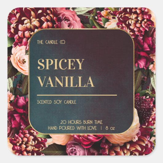 Bold Red Floral Gold Luxury Soy Candle Label (Voorkant)