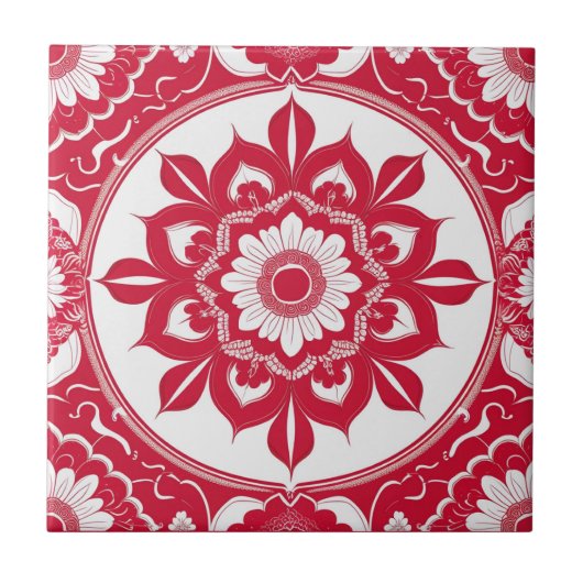 Bold Red Floral Mandala Tile Tegeltje (Voorkant)