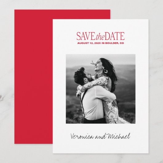 Bold Red Font Modern Photo Save The Date (Voorkant / Achterkant)