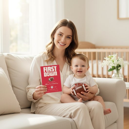 Bold Red Football First Birthday Party Invite Kaart