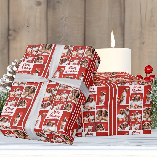 Bold Red Merry Christmas Photo Collage 2025 Cadeaupapier
