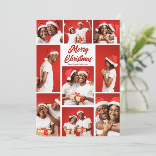 Bold Red Merry Christmas Photo Collage 2025 Feestdagenkaart (Staand voorkant)