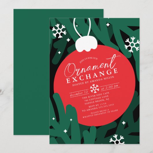 Bold Red Ornament Exchange Invitation Kaart (Voorkant / Achterkant)