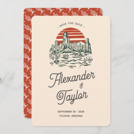 Bold Red Retro Saguaro Landscape Woensdag Save The Date (Voorkant / Achterkant)