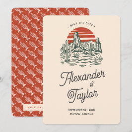 Bold Red Retro Saguaro Landscape Woensdag Save The Date