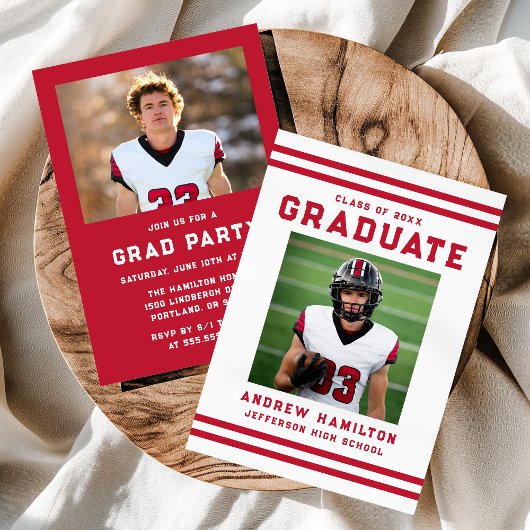 Bold Red Stripes Athletic Photo Graduation Party Kaart