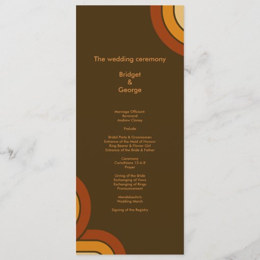 Bold Retro 1970s Trouwmenu Programmakaart (Achterkant)