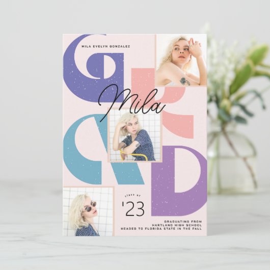 Bold Retro 3 foto Afstuderen aankondiging (Staand voorkant)