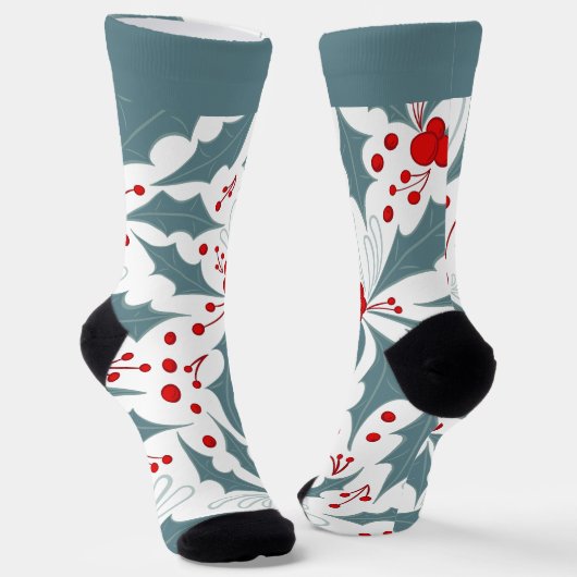 Bold Retro Blauwgroen Holly en Berries Holiday Sokken (Gebogen)