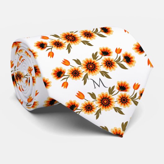 Bold Retro Floral Pattern in Orange Yellow Black Stropdas (Opgerold)