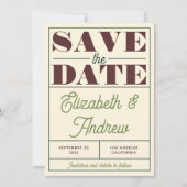 Bold Retro Green Brown Script Weddenschap Save The Date (Voorkant)