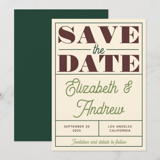 Bold Retro Green Brown Script Weddenschap Save The Date (Voorkant / Achterkant)