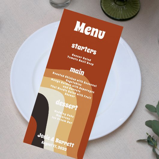 Bold Retro Groovy Oranje 70s Wedding Dinner Menu