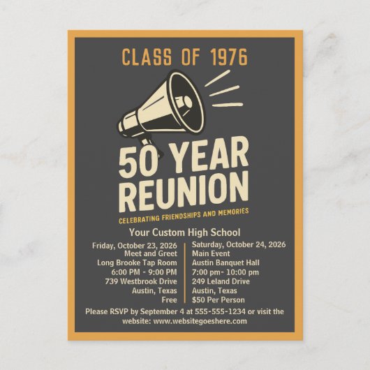 Bold Retro High School Reunion Pep Rally Megaphone Briefkaart (Voorkant)
