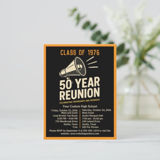 Bold Retro High School Reunion Pep Rally Megaphone Briefkaart (Staand voorkant)