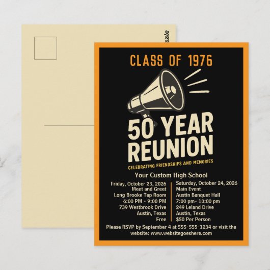 Bold Retro High School Reunion Pep Rally Megaphone Briefkaart (Voorkant / Achterkant)