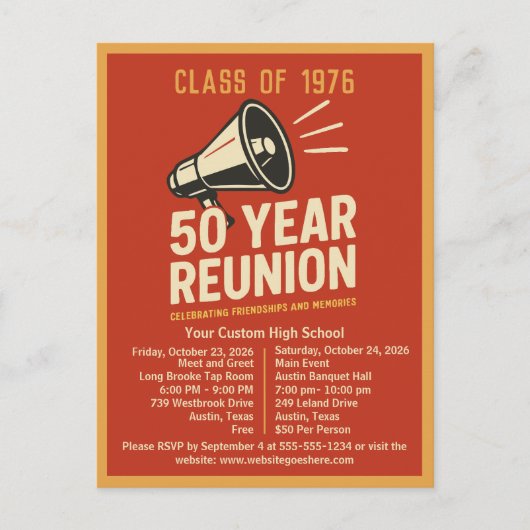 Bold Retro High School Reunion Pep Rally Megaphone Briefkaart (Voorkant)