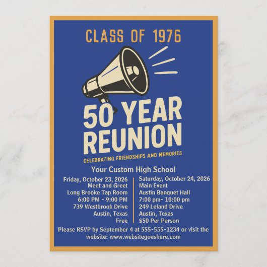 Bold Retro Megaphone 50 Year High School Reunion Kaart (Voorkant)