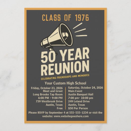 Bold Retro Megaphone 50 Year High School Reunion Kaart (Voorkant)