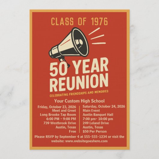 Bold Retro Megaphone 50 Year High School Reunion Kaart (Voorkant)