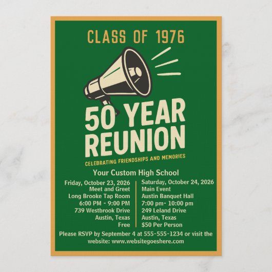 Bold Retro Megaphone 50 Year High School Reunion Kaart (Voorkant)
