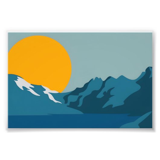Bold Retro Mountain Scene - Rood en Blauw Minimali Foto Afdruk (Voorkant)