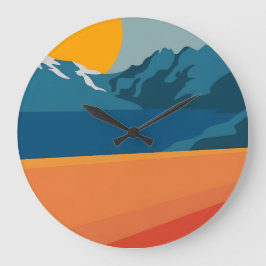 Bold Retro Mountain Scene - Rood en Blauw Minimali Grote Klok