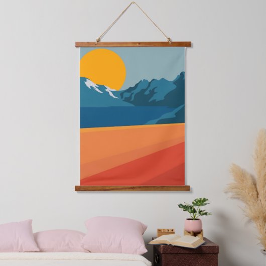 Bold Retro Mountain Scene - Rood en Blauw Minimali Hangend Wandkleed (Slaapkamer)