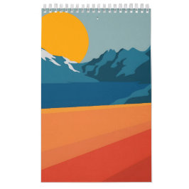 Bold Retro Mountain Scene - Rood en Blauw Minimali Kalender