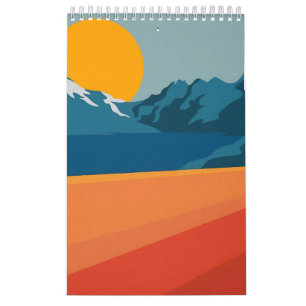 Bold Retro Mountain Scene - Rood en Blauw Minimali Kalender