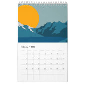 Bold Retro Mountain Scene - Rood en Blauw Minimali Kalender (Feb 2026)