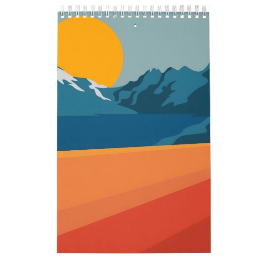 Bold Retro Mountain Scene - Rood en Blauw Minimali Kalender (Hoes)