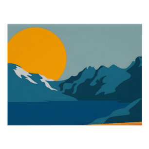 Bold Retro Mountain Scene - Rood en Blauw Perfect Poster