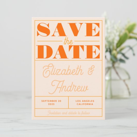 Bold Retro Oranje Geel Manuscript Weddenschap Save The Date (Staand voorkant)