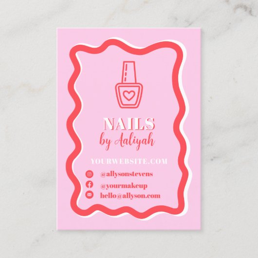 Bold Retro Pink Groovy Nails Artist QR Code Visitekaartje (Voorkant)