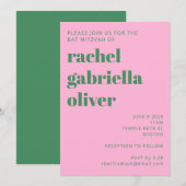 Bold Retro Roze en Groene Eenvoudige Kute Bat Mitz Kaart (Voorkant / Achterkant)