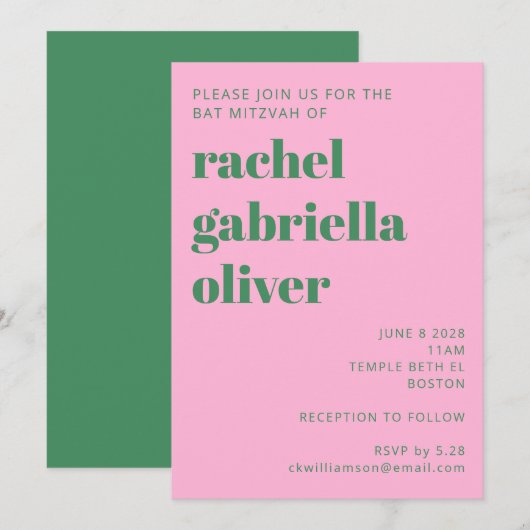 Bold Retro Roze en Groene Eenvoudige Kute Bat Mitz Kaart (Voorkant / Achterkant)