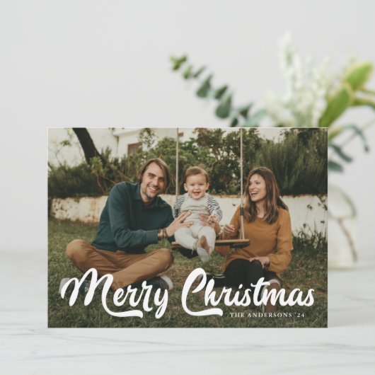 Bold Retro Script Merry Kerstry 2 Foto Feestdagenkaart (Staand voorkant)