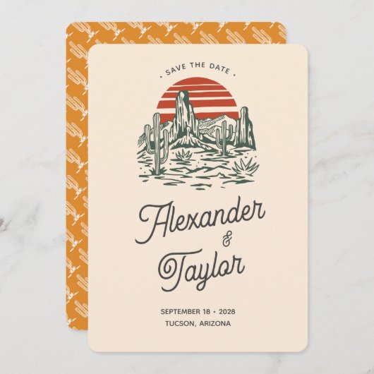 Bold Retro Vibes Saguaro Landscape Woensdag Save The Date (Voorkant / Achterkant)