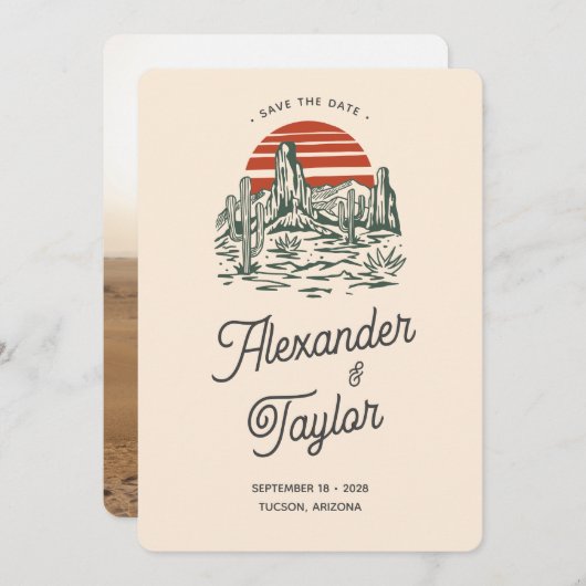 Bold Retro Vibes Saguaro Landscape Woensdag Save The Date (Voorkant / Achterkant)