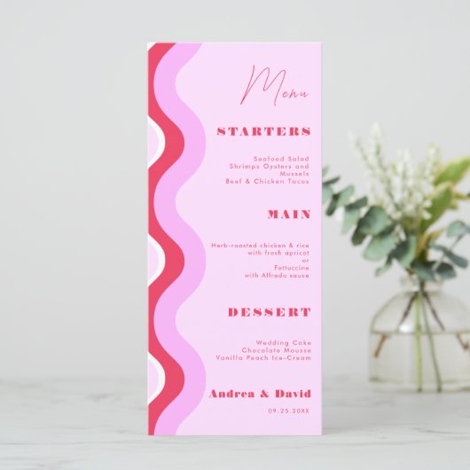 Bold Retro Wave Curvy Stripes Pink and Red Wedding Menu (Staand voorkant)