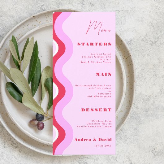 Bold Retro Wave Curvy Stripes Pink and Red Wedding Menu